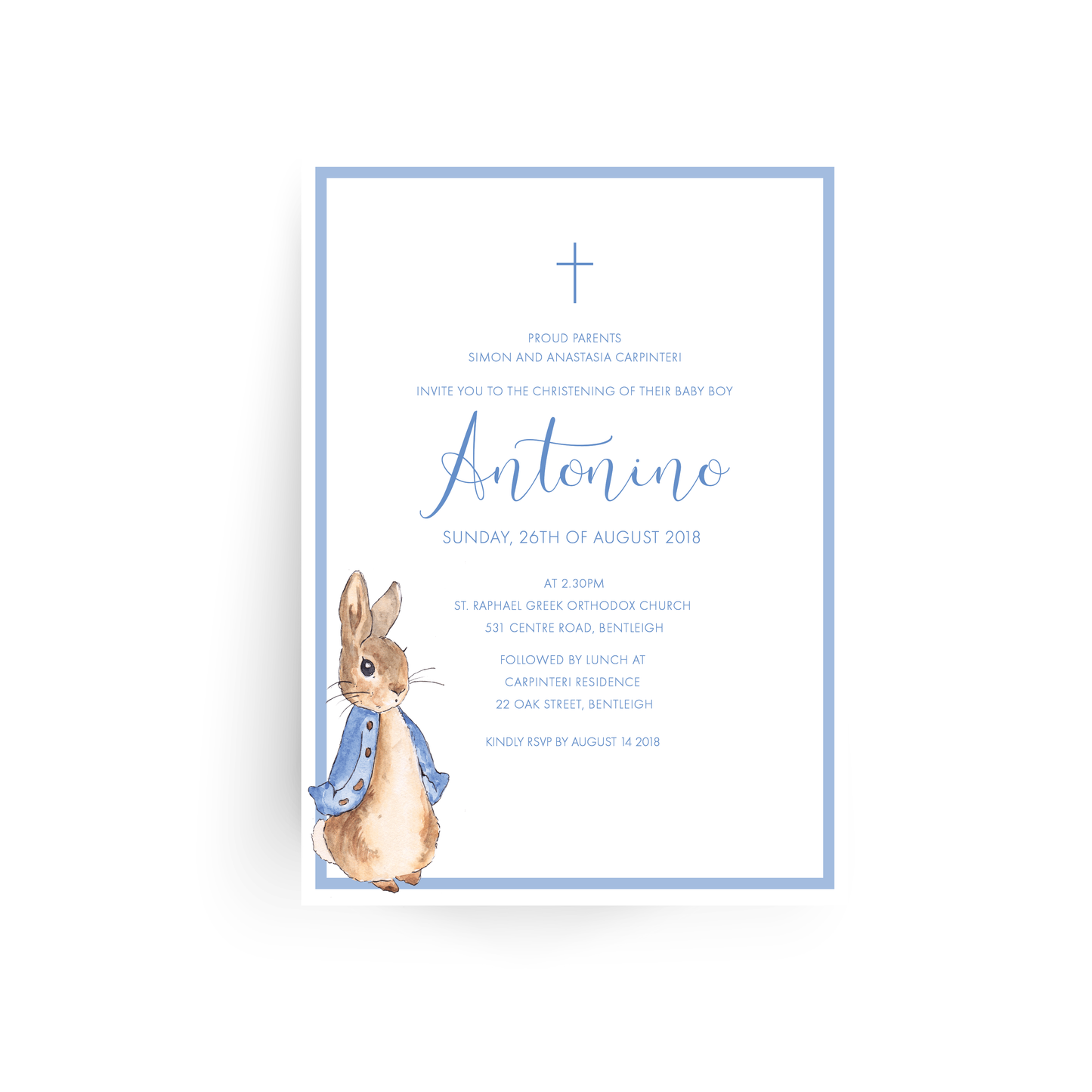 'Antonio' Peter Rabbit Baby Baptism Invitation