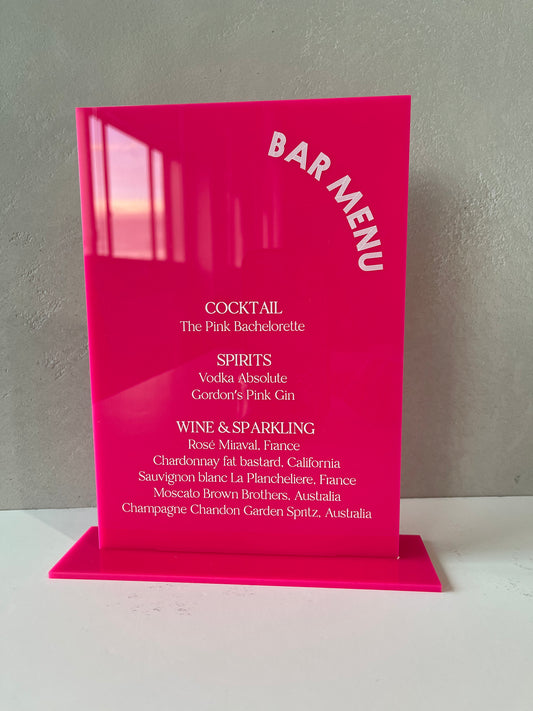 Hot Pink Acrylic Bar Menu - Bridal Shower