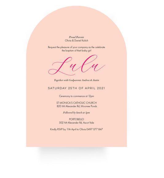 'Lulu' Arch Cut Christening Invitation